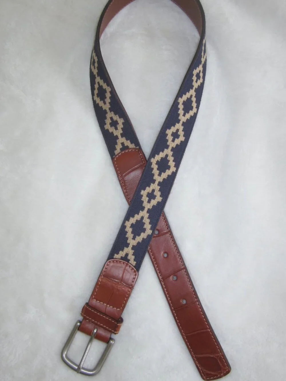 Brown Leather & Navy Patterned Men's Belt